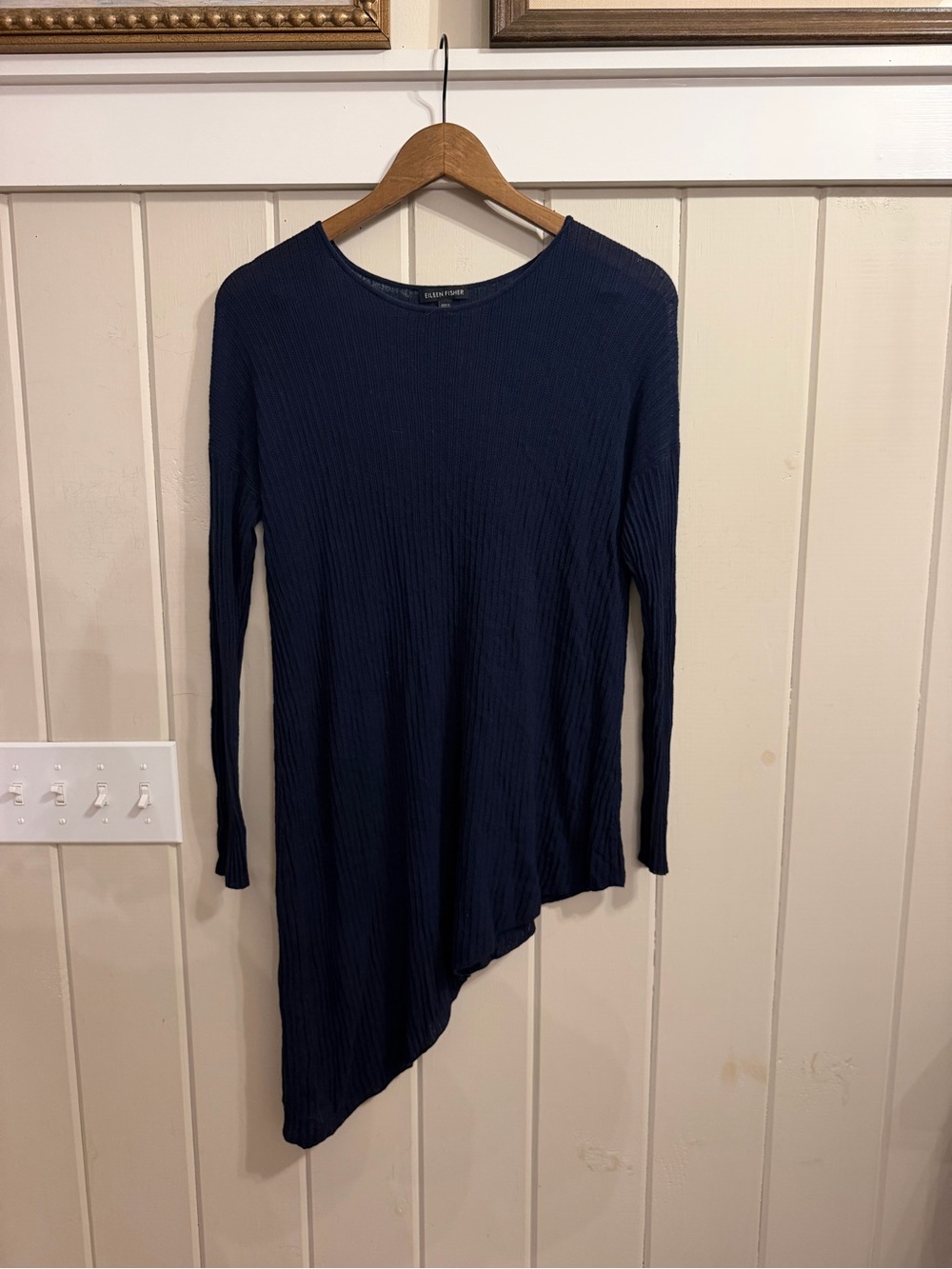 Eileen Fisher Navy Asymmetrical Long-Sleeve Top, Size Small